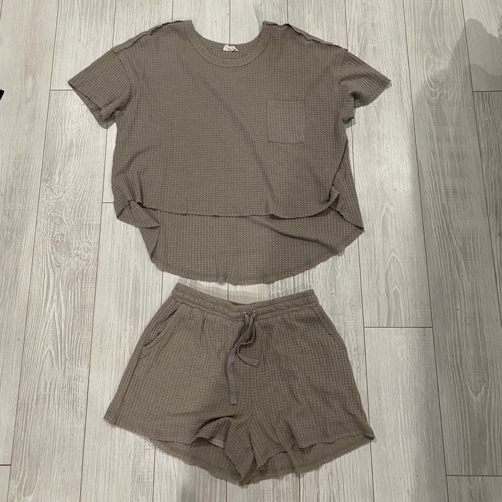 Grey/blue waffle knit lounge set
